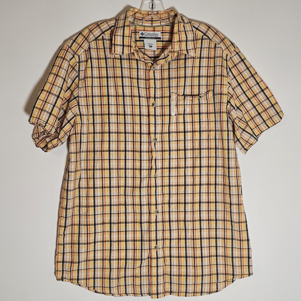 Columbia‎ Shirt Mens Medium Orange Blue Plaid Button Outdoor Casual Short Sleeve